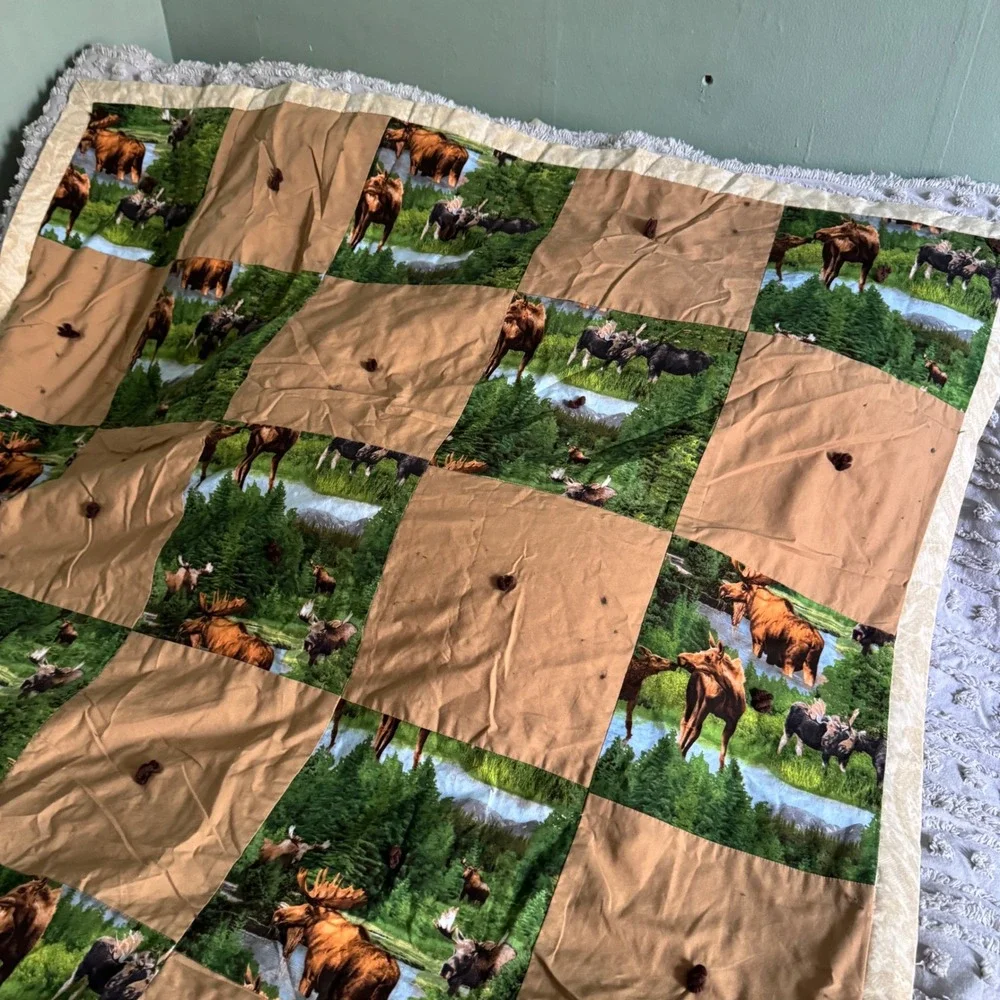 Handmade Vintage Moose Patchwork Quilt Blanket Brown Green Rustic Cabin Lodge